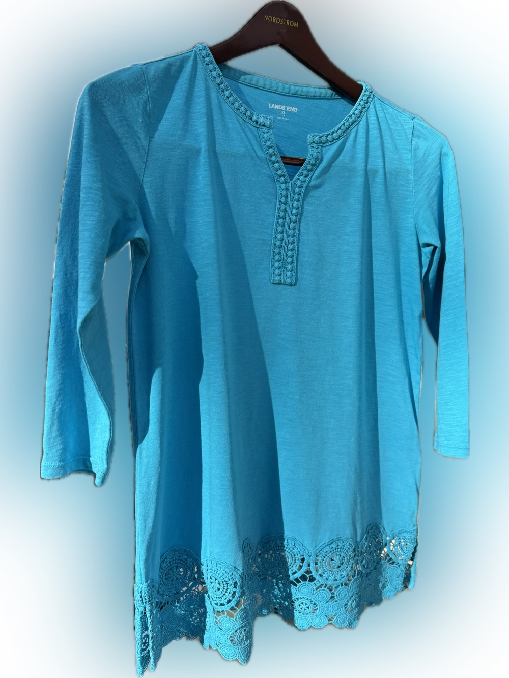 LANDS END TUNIC CROCHET HEM COTTON 3/4 SLEEVE V NECK TOP CALYPSO BLUE XS or S M